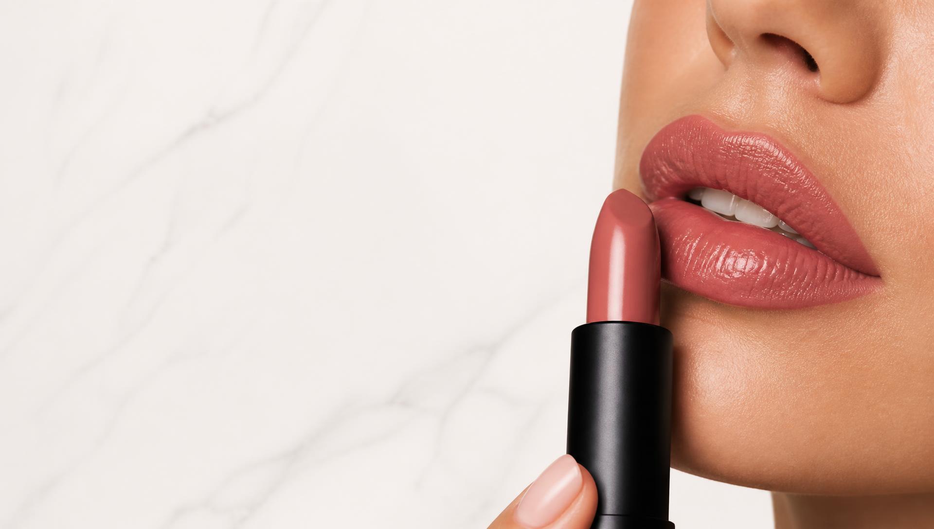 Close-up of glossy rose-nude lipstick being applied, on white marble